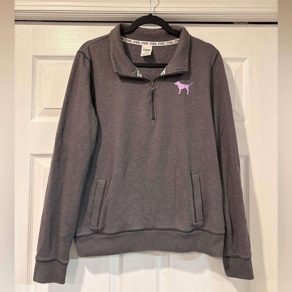 Victoria's Secret Pink Gray 3/4 Zip Pullover with purple accents